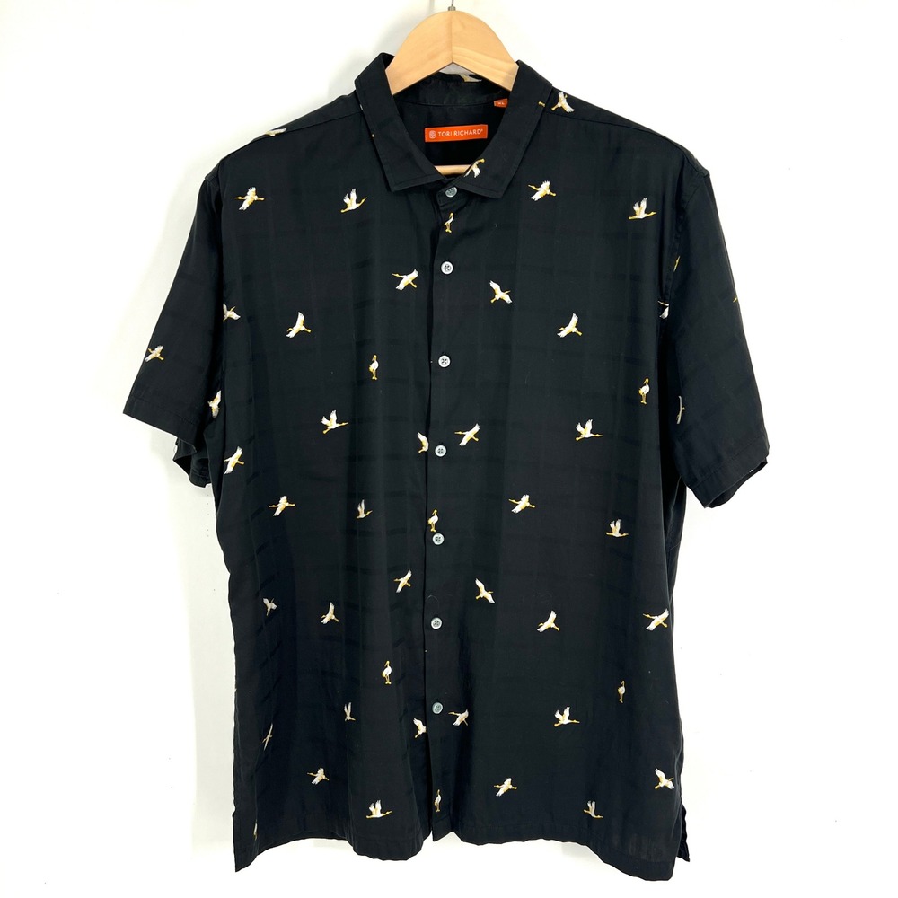 Tori Richard‎ Mens XL Black Crane Bird Embroidered Cotton Button Down Shirt